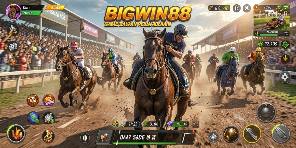 Tangkapan layar gameplay BIGWIN88 menunjukkan balapan yang seru dan kendaraan keren.