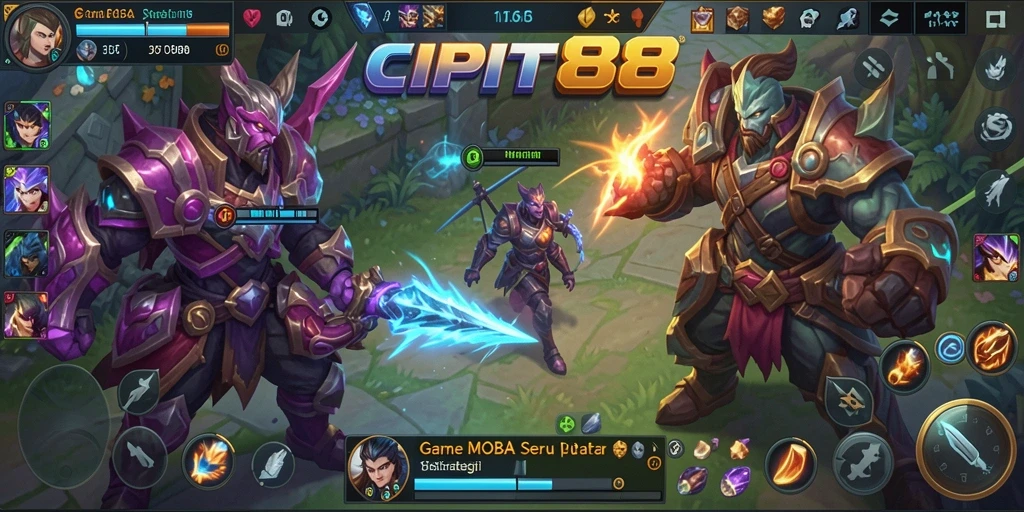 Screenshot gameplay intens di dalam pertarungan MOBA.