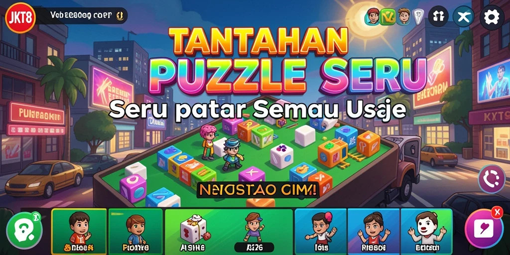 Screenshot utama JKT8 menampilkan gameplay seru dengan tantangan Puzzle.