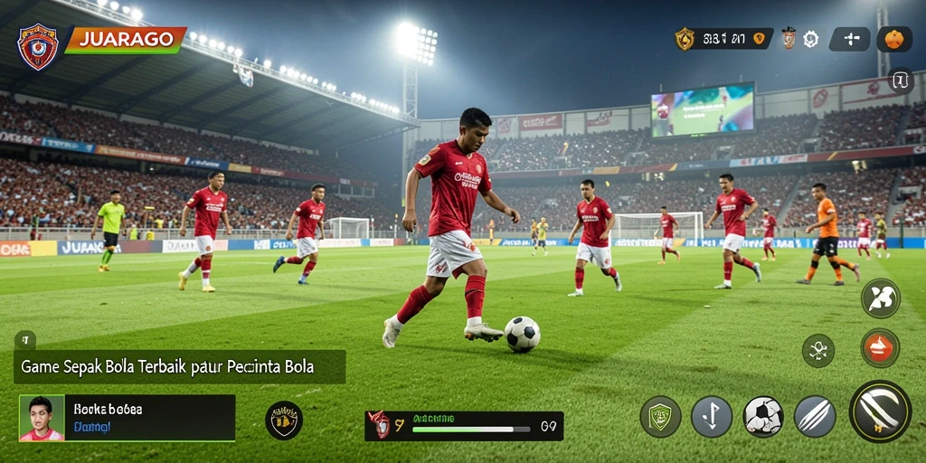 Screenshot gameplay JUARAGO menampilkan aksi sepak bola yang penuh semangat.