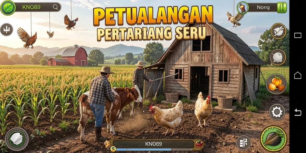 Tangkapan layar gameplay KNO89 menampilkan aktivitas pertanian yang dinamis dan menyenangkan.