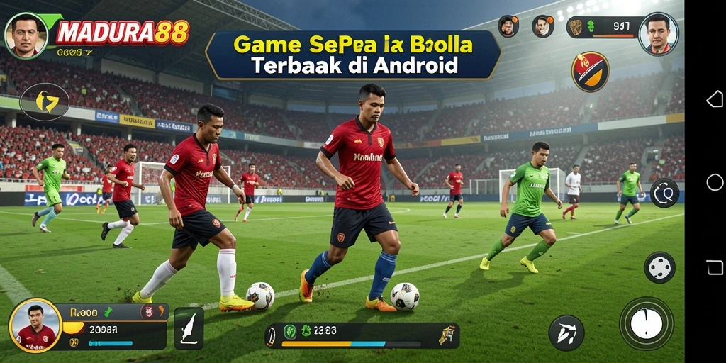 Screenshot utama gameplay MADURA88 menunjukkan aksi seru di lapangan sepak bola.