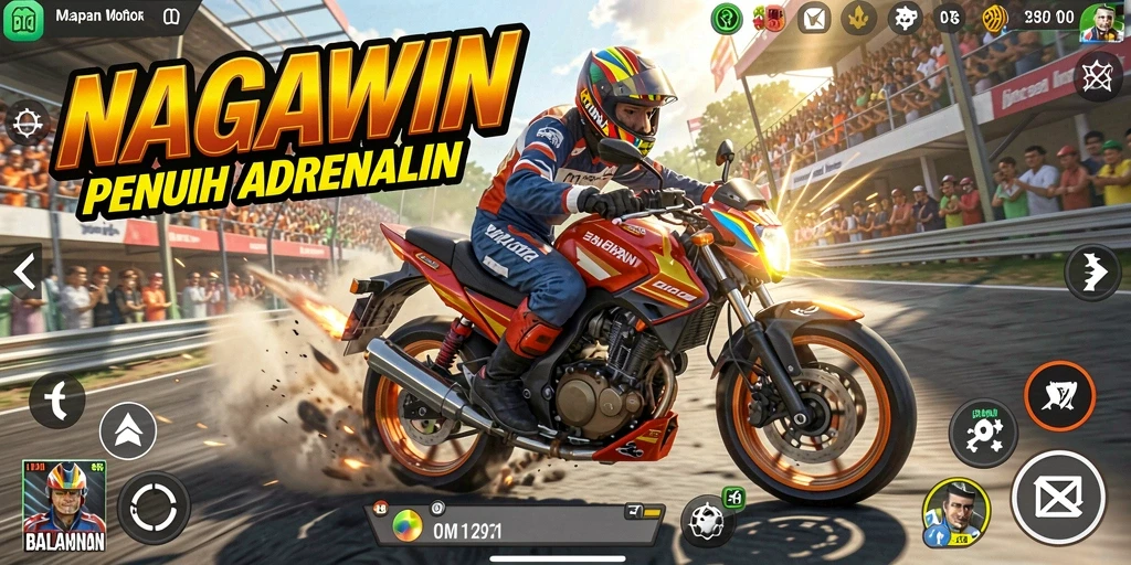 Gameplay NAGAWIN menampilkan balapan motor yang mendebarkan di trek yang menarik.