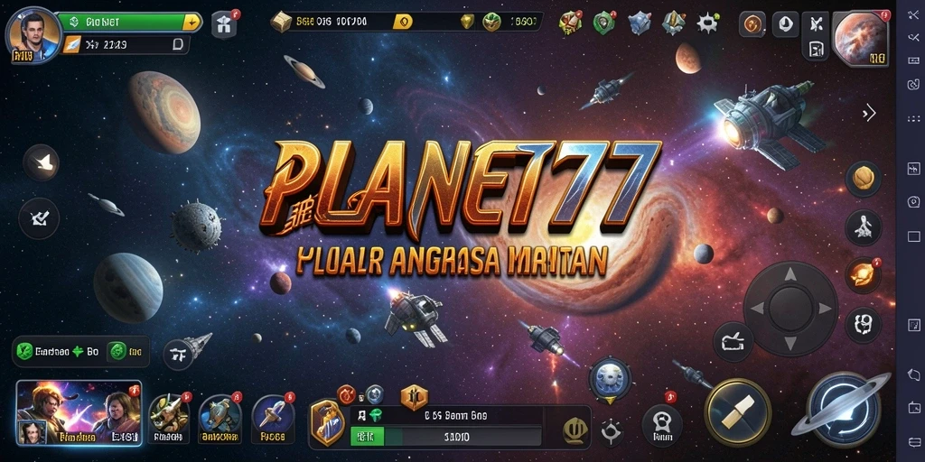 Tangkapan layar PLANET77 menunjukkan aksi menara pertahanan melawan musuh luar angkasa.