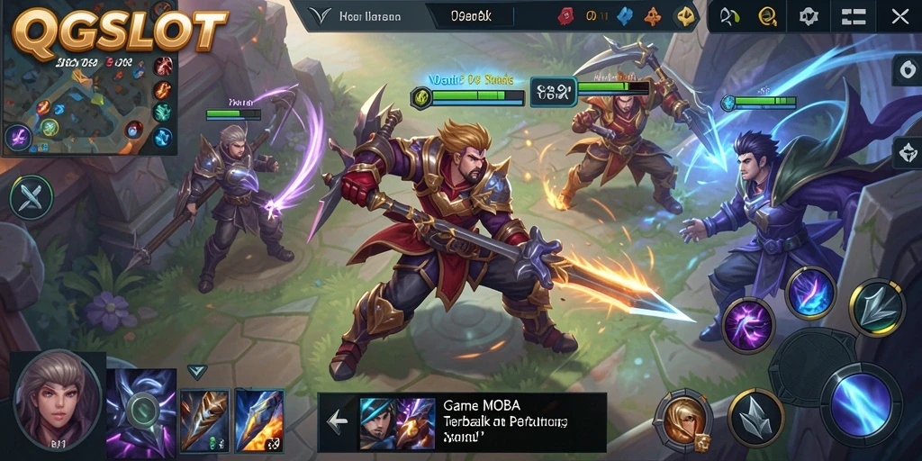 Screenshot gameplay intens dari QQSLOT dengan aksi pertarungan MOBA.