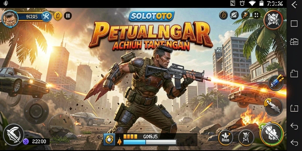 Tangkapan layar utama SOLOTOTO menampilkan aksi mendebarkan di medan perang.