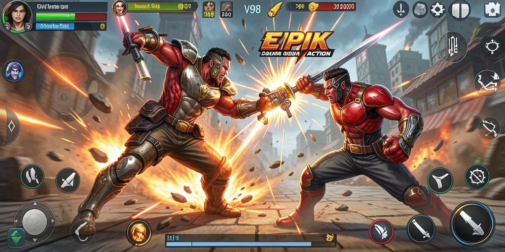 Screenshot V98 menampilkan aksi pertarungan yang mendebarkan.